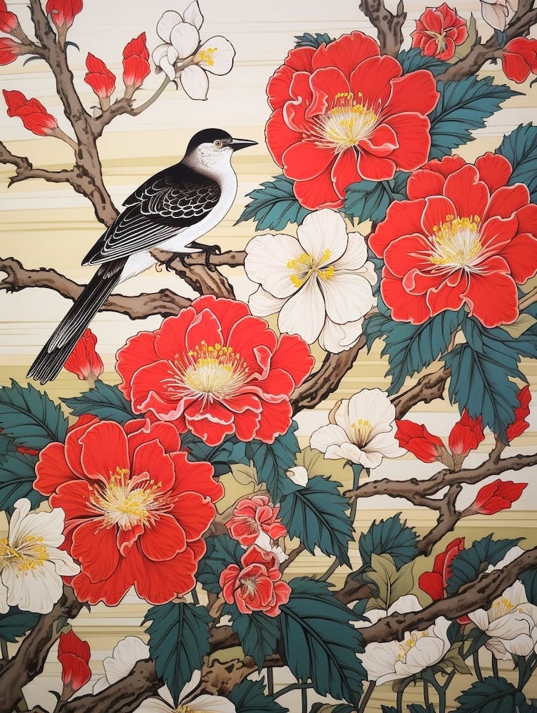 Morning Glory And Bird 2 Vintage Japanese Botanical