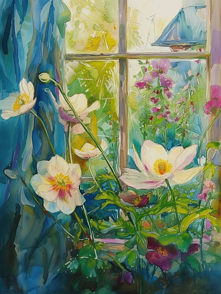 Anemone Flowers On A Cottage Window 1
