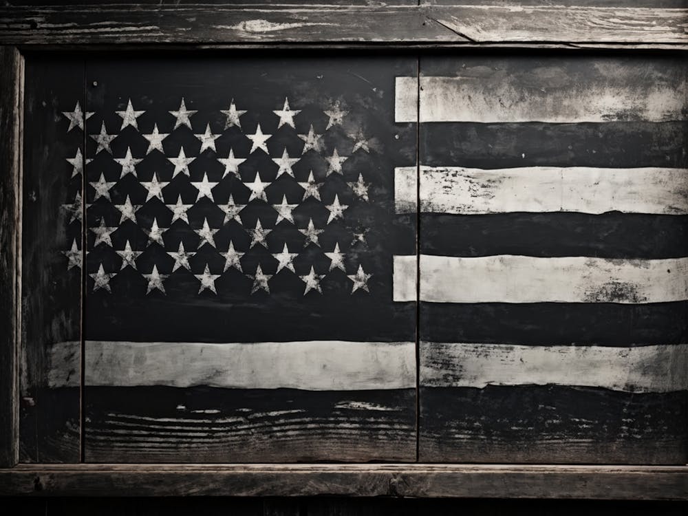 American Flag Rendered In Black And White With Subtle Red Stars Against A Smudged Vintage Backdrop R 7