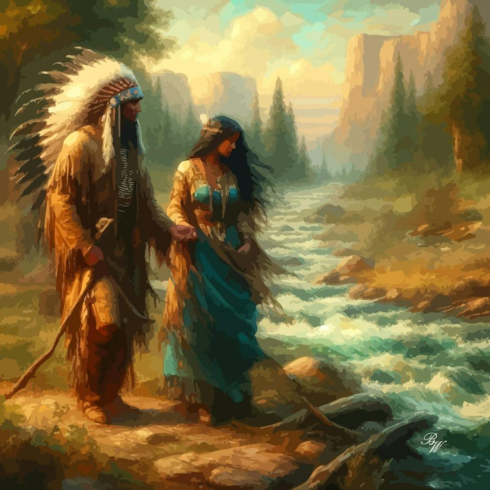 Oil Texture Native American Couple By Stream 10 Copy