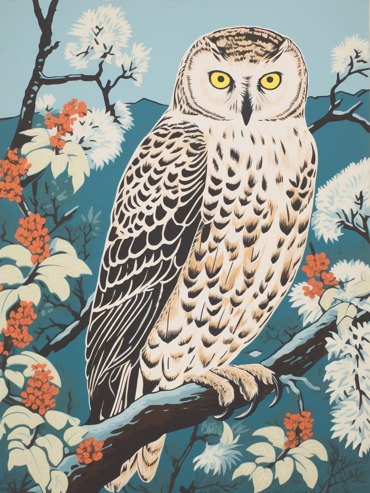 Vintage Bird Linocut Snowy Owl 3