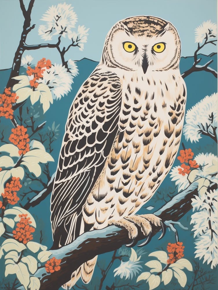 Vintage Bird Linocut Snowy Owl 3