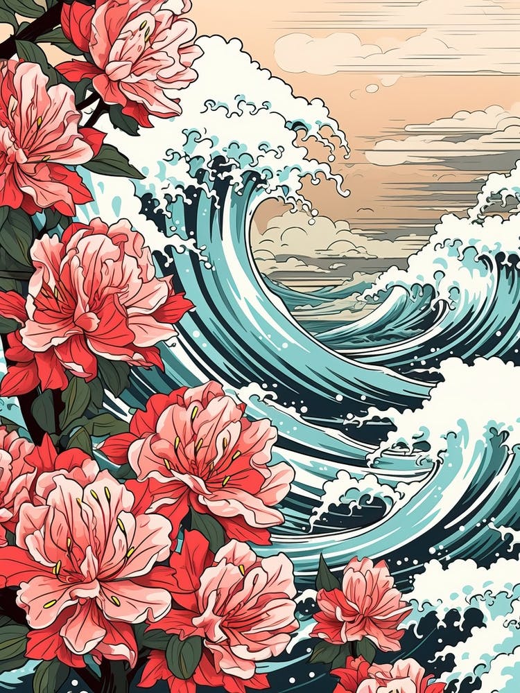 Great Wave With Rhododendron Flower Drawing In The Style Of Ukiyo E 4