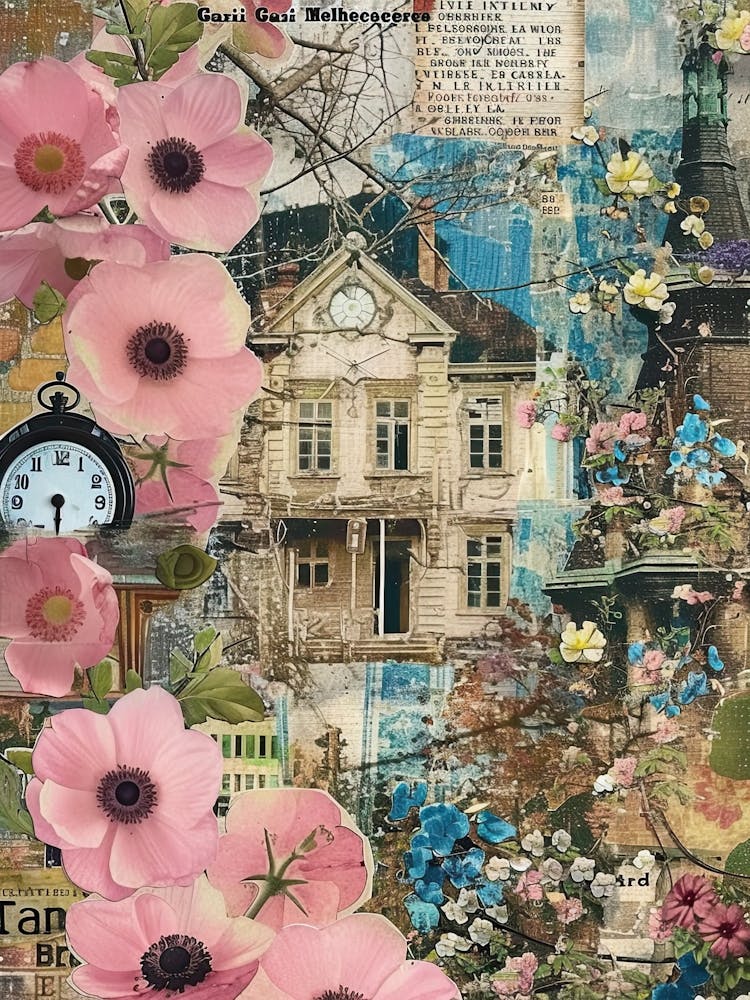 Pink Flowers Scrapbook Collage Cottage 3