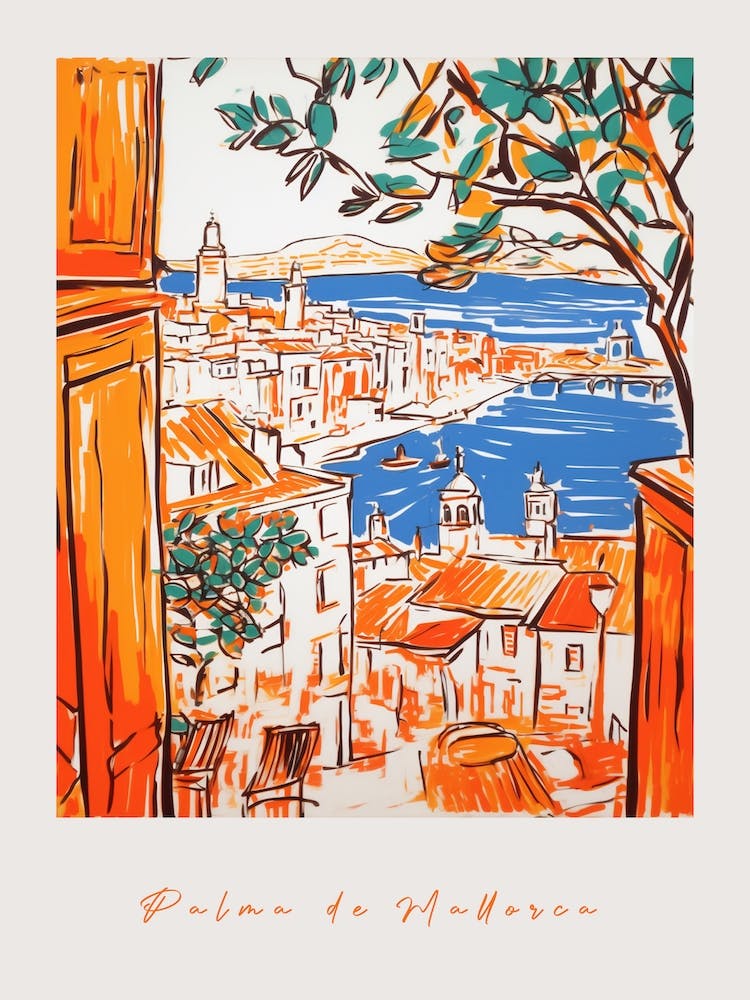 Palma De Mallorca Spanien 2 Orange Zeichnung Poster