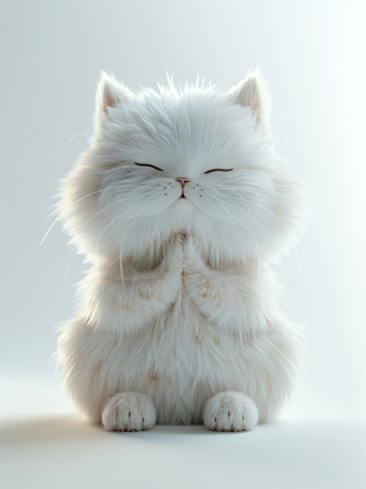 3d Render Of A Cute Fluffy White Cat With Folded Hands In Prayer, Smiling Face, White Background, White Color Palette, Soft Lighting, In The Style Of Pixar