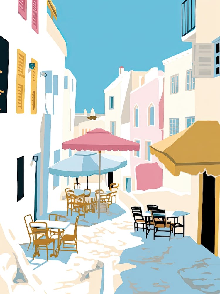 Mykonos, Griechenland, Illustration in Flachen Pastelltönen 1
