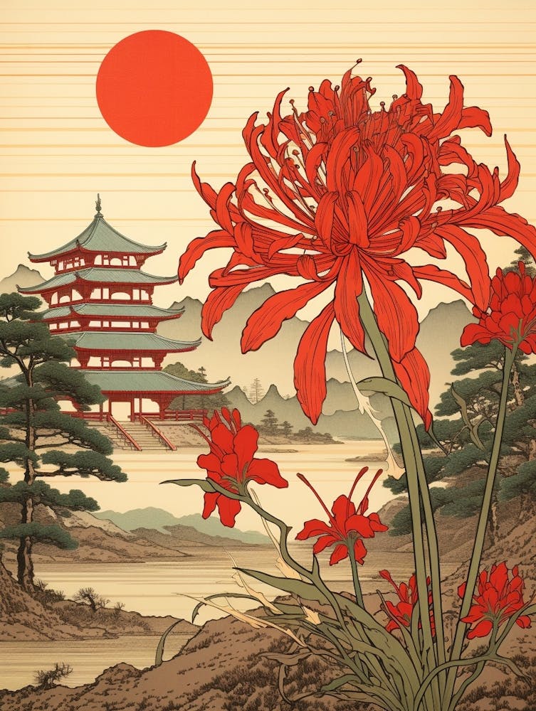 Higanbana Red Spider Lily 3 Japanese Botanical Illustration