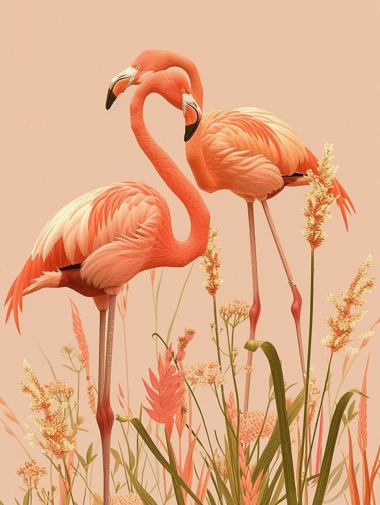 Lesser Flamingo And Ginger Plants Minimalist Illustration 2