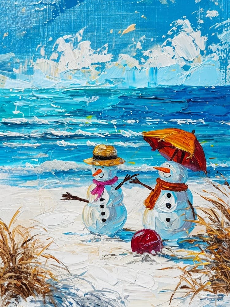 Snowmen On The Beach Painting 1