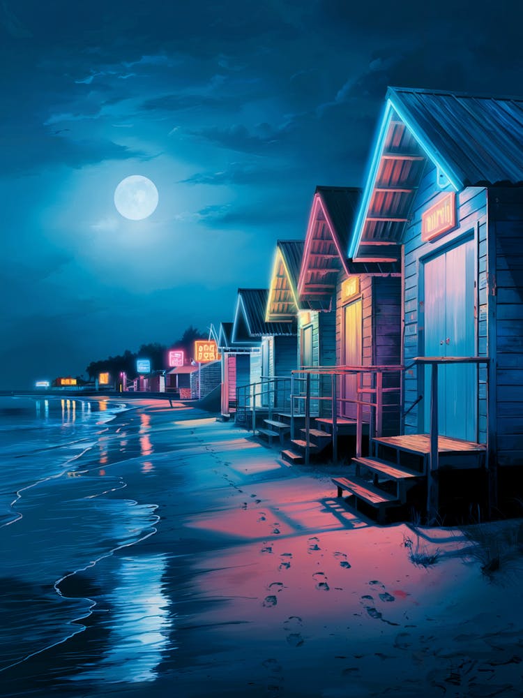Beach Huts At Night, Anime Art Lofi