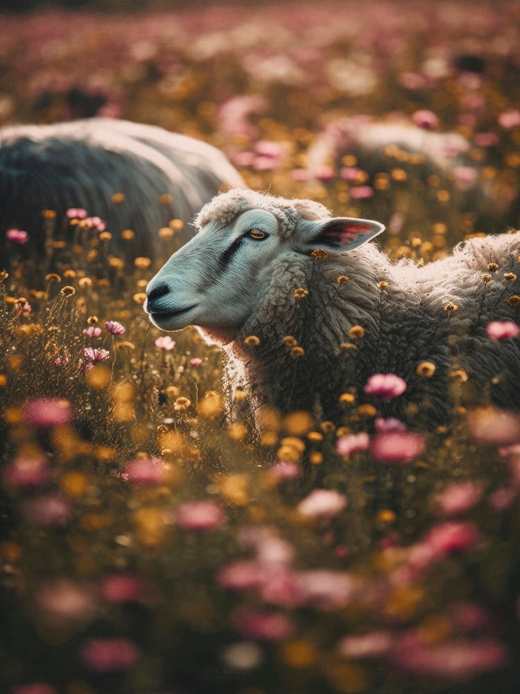 Sheeps In Flower Field