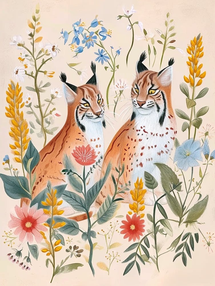 Folksy Floral Animal Drawing Bobcat 4