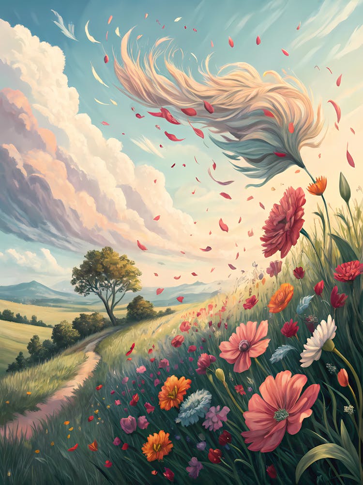 Ephemeral Blossom Dance Surreal Spring Meadow with Flying Petals oil Painting