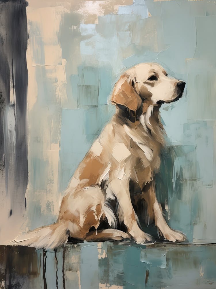 Golden Retriever Dog, Painting In Light Teal And Brown 0