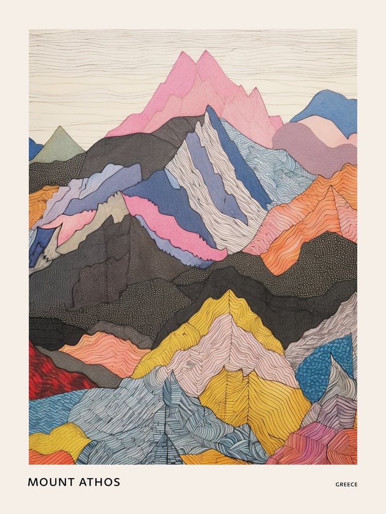 Mount Athos Greece Colourful Mountain Illustration Poster