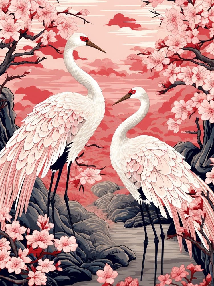 Cherry Blossom And Cranes 2 Vintage Japanese Botanical