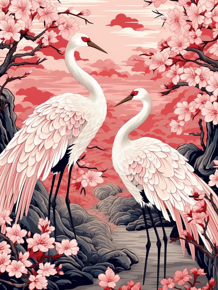 Cherry Blossom And Cranes 2 Vintage Japanese Botanical
