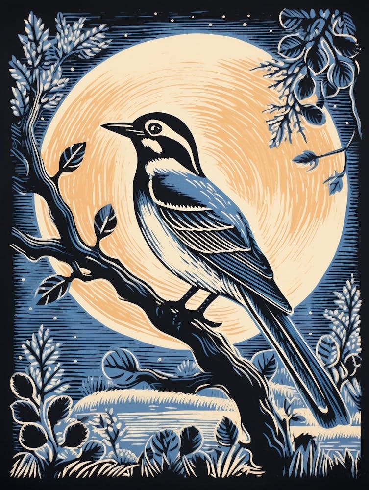 Vintage Bird Linocut Blue Jay 5