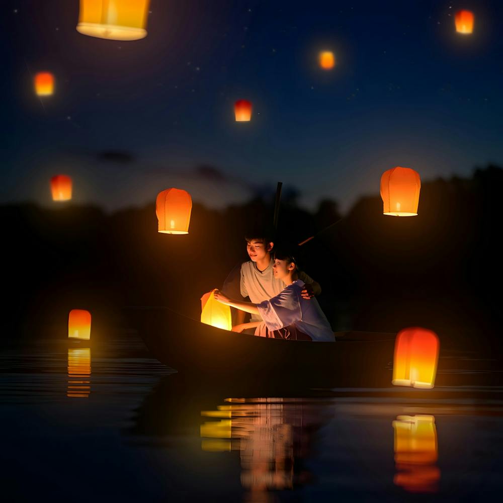 Romantic Lantern Festival – Couple in Boat Surrounded by Floating Lights at Night