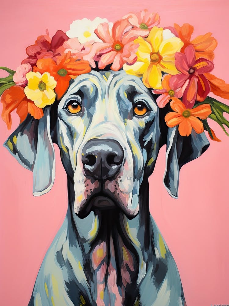 Deutsche Doggen Porträt mit einer Blumenkrone, Matisse Malstil 3