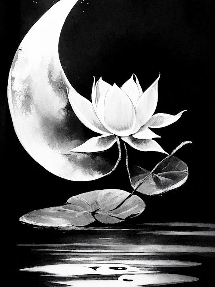 Lotus And Moon Symbol 1 Black And White Painting