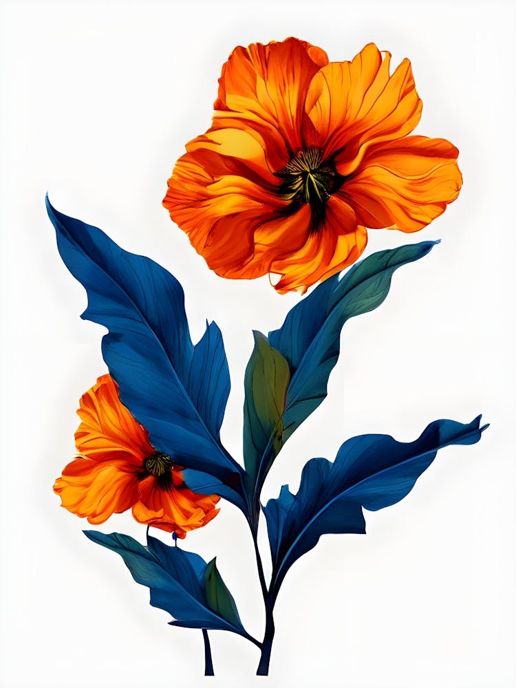 Surreal Beauty: Two Vibrant Orange Flowers with Striking Blue Foliage