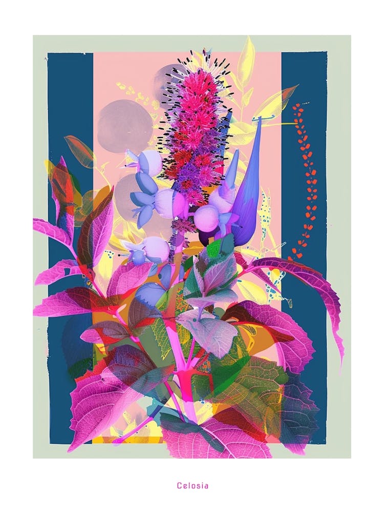 Celosia 4 Neon Flower Collage Poster