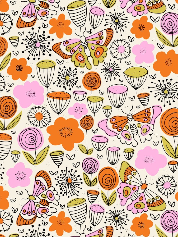 Butterflies in the Garden Doodle Line Art Pink, Yellow, Orange, on White