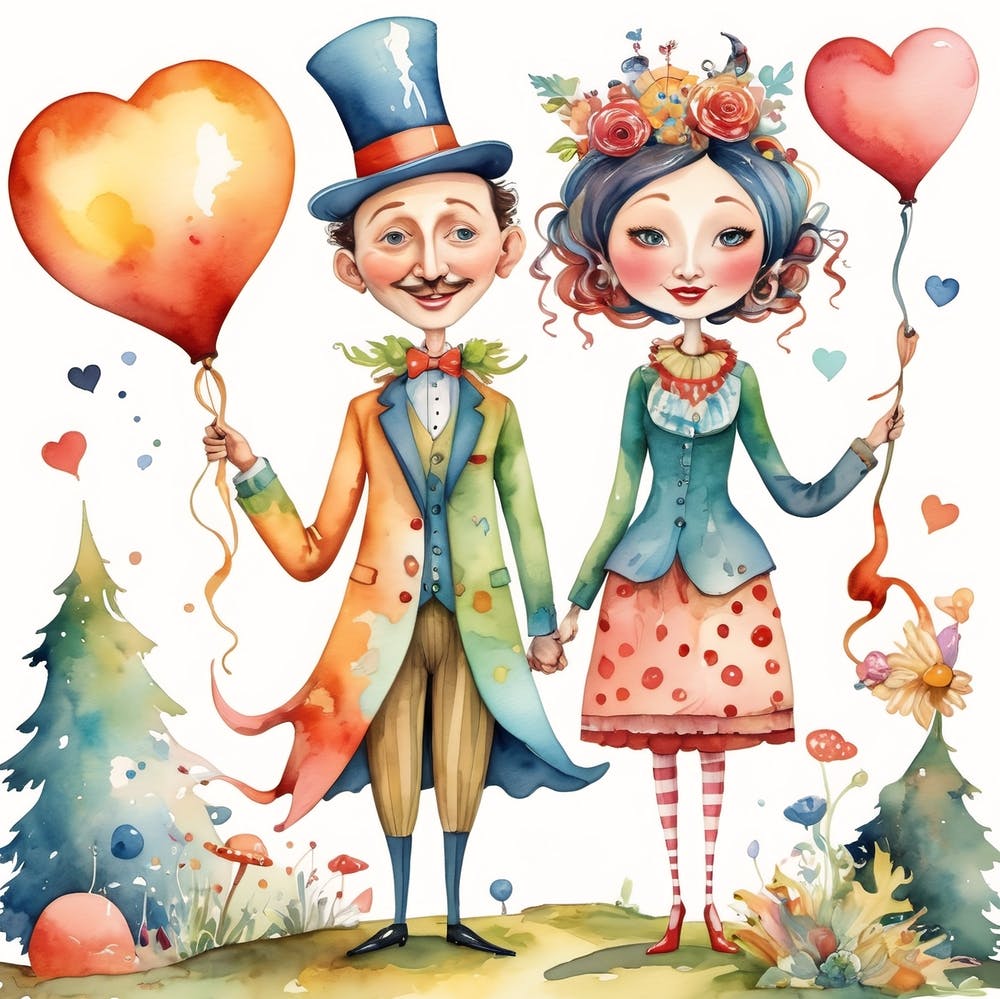 Couple Holding Balloons Cartoon Love Funny