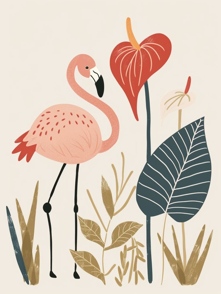 Andean Flamingo And Anthurium Minimalist Illustration 4