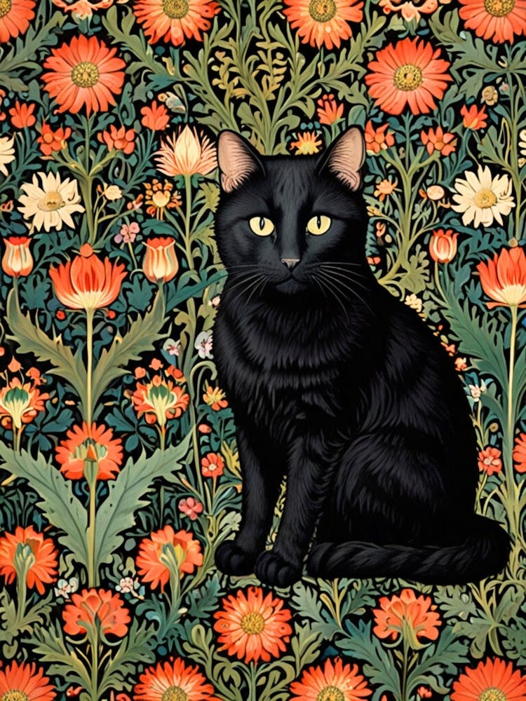 William Morris Black Cat In Flowers 4
