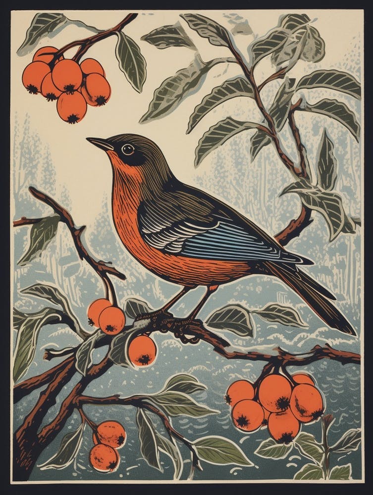 Vintage Bird Linocut European Robin 1