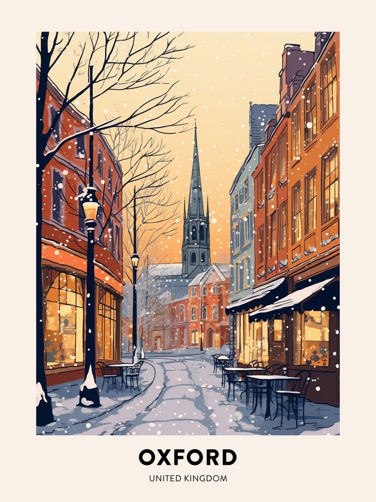 Vintage Winter Travel Poster Oxford United Kingdom 1