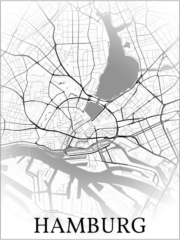 Hamburg, Germany, City Map, Black And White Fade Design