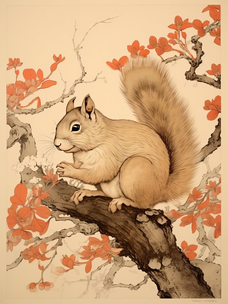Squirrel Animal Drawing In The Style Of Ukiyo E 1