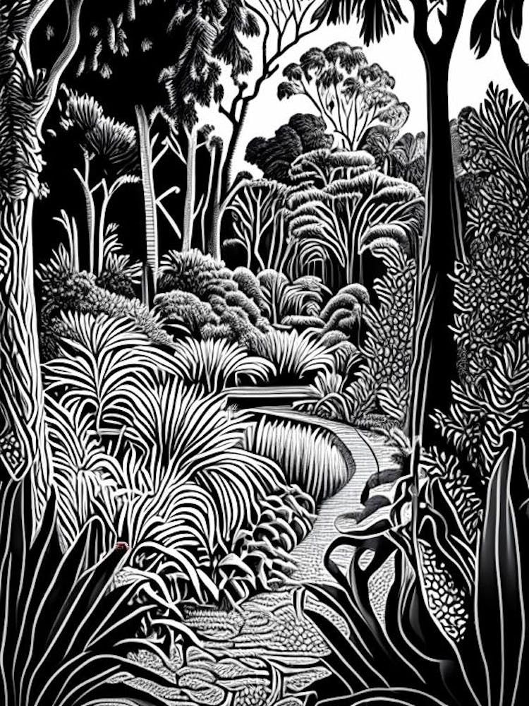 Ballarat Botanical Gardens, Australia Linocut Black And White Vintage