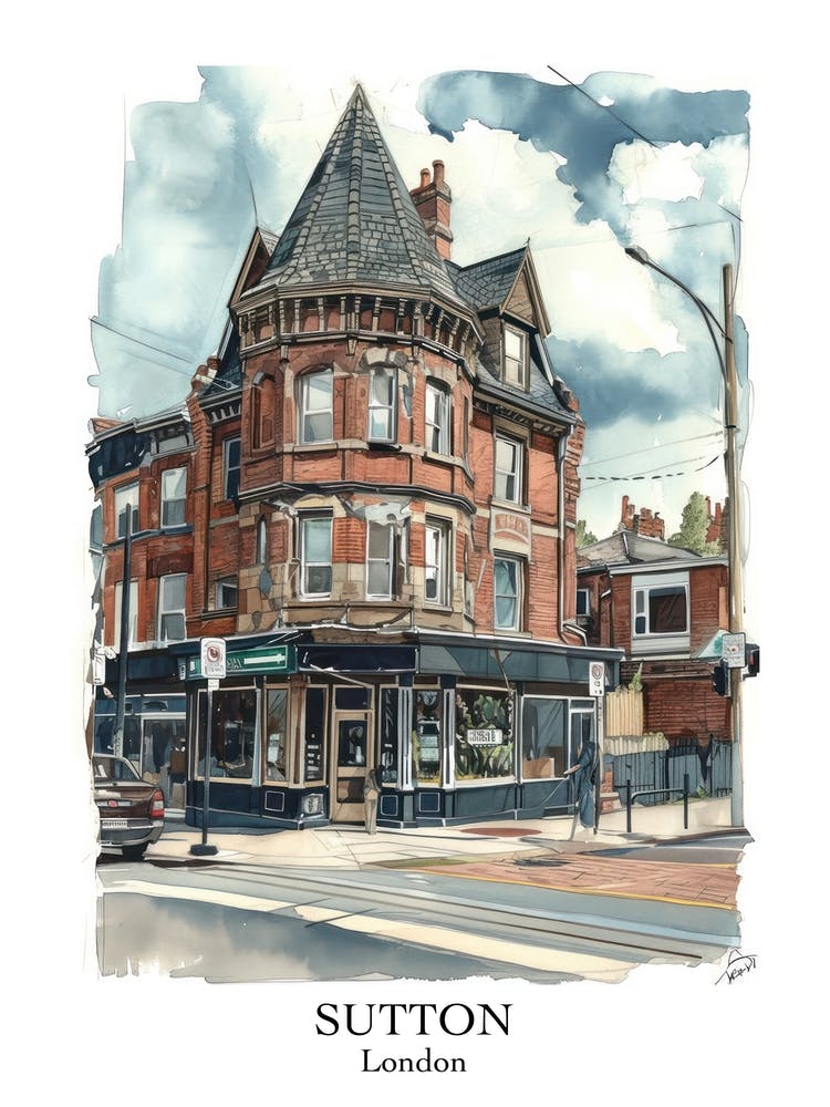 Sutton London Borough   Street Watercolour 1 Poster
