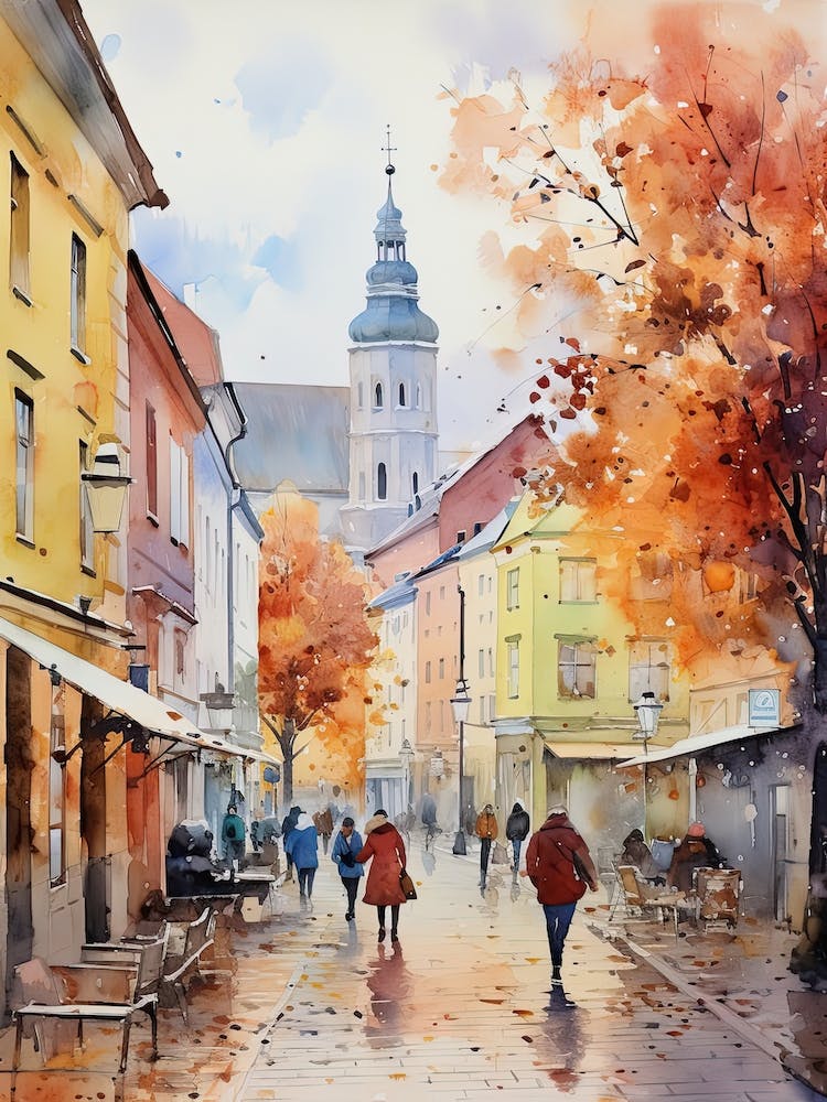 Vilnius Lithuania In Autumn Fall, Watercolour 2
