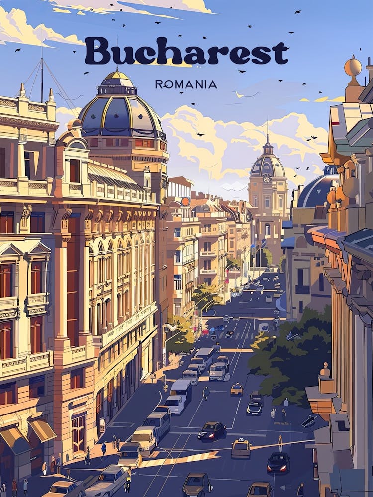 Bucharest Romania Street Digital Travel Illustration