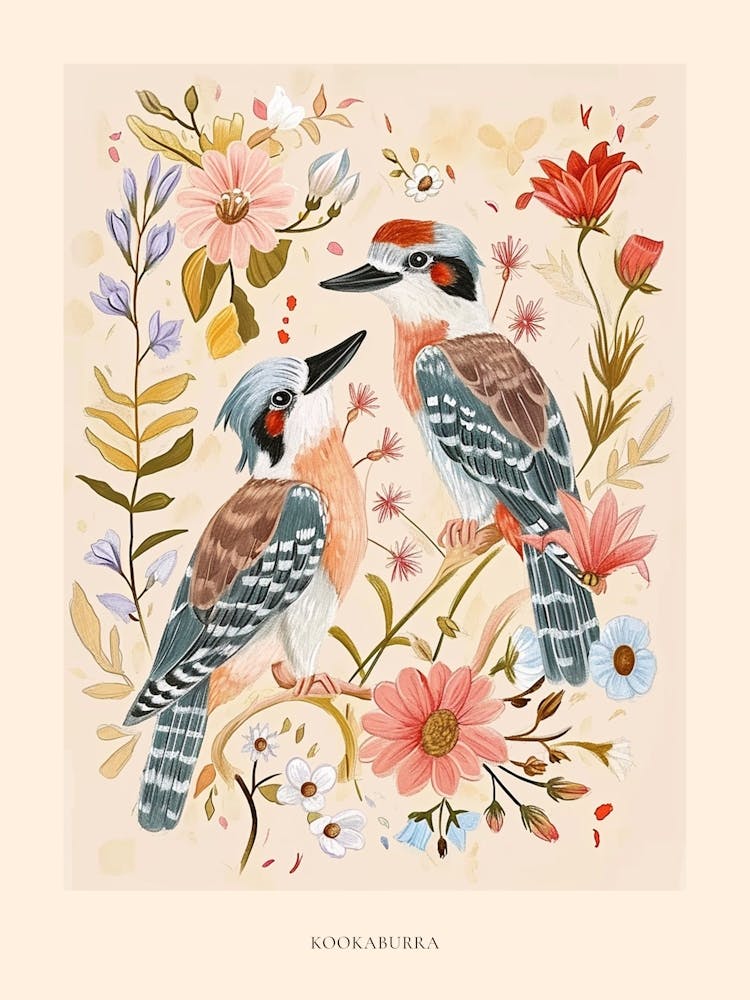 Folksy Floral Animal Drawing Kookaburra Poster