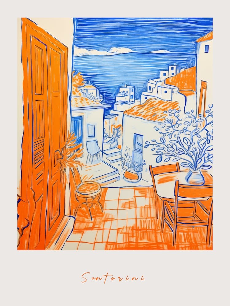 Santorini Greece 4 Orange Drawing Poster