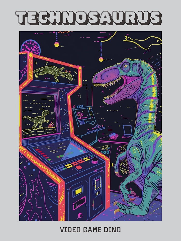 Dinosaur Retro Video Game Illustration 1 Poster