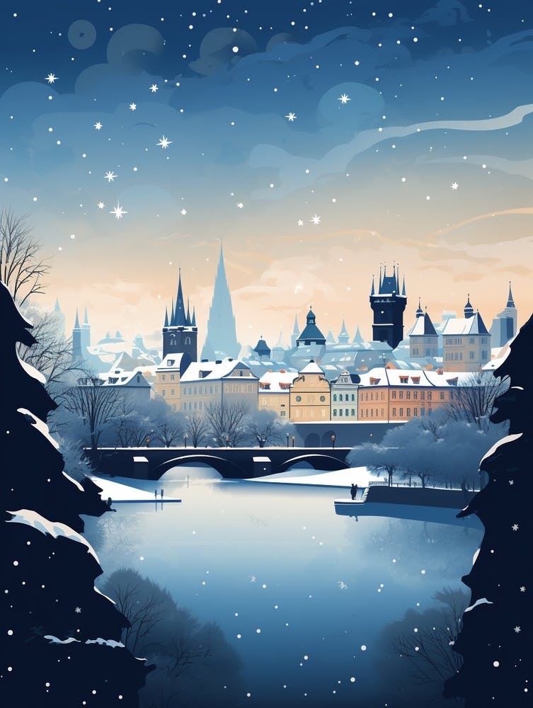 Winter Travel Night Illustration Prague Czech Republic 3