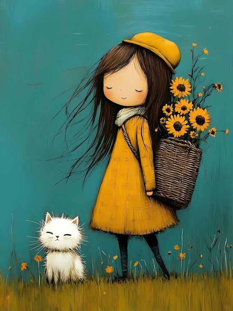 Little Girl With Flowers and cat