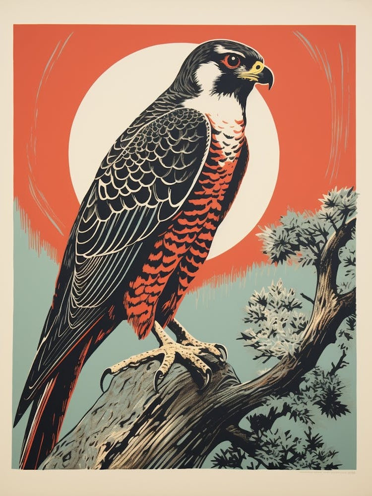 Vintage Bird Linocut Falcon 2