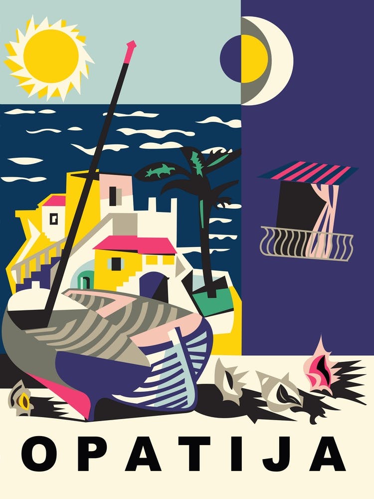 Opatia, Collage, Vintage Travel Poster in Pop Art Style.