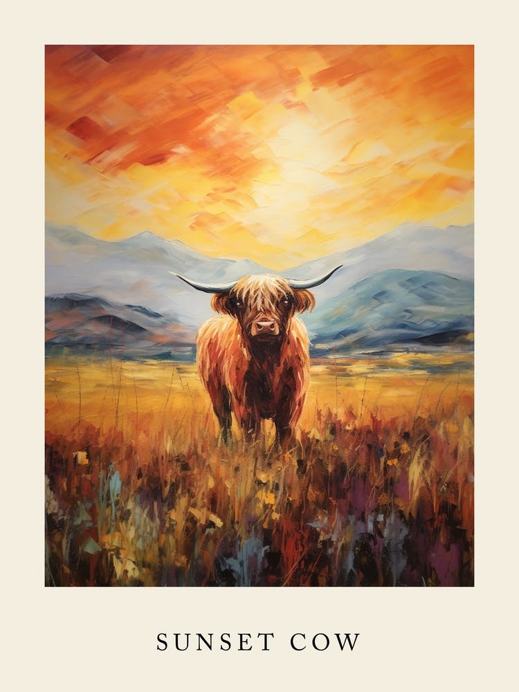 Sunset Brushstroke Impressionsim Style Painting Of A Highland Cow 4