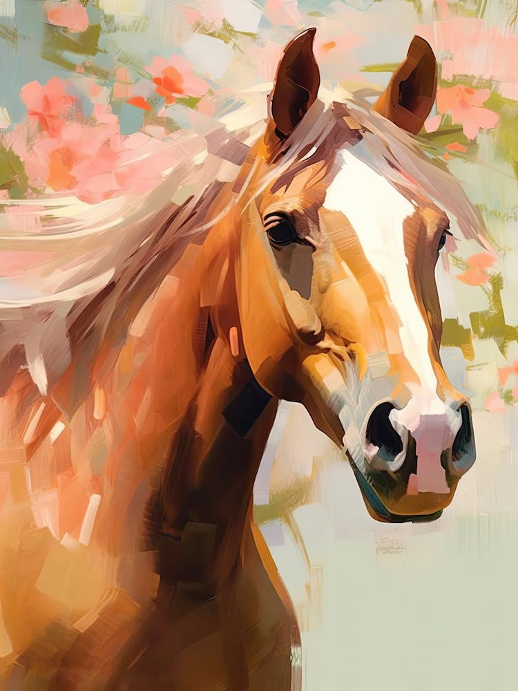Horse Head Painting Pink Flowers