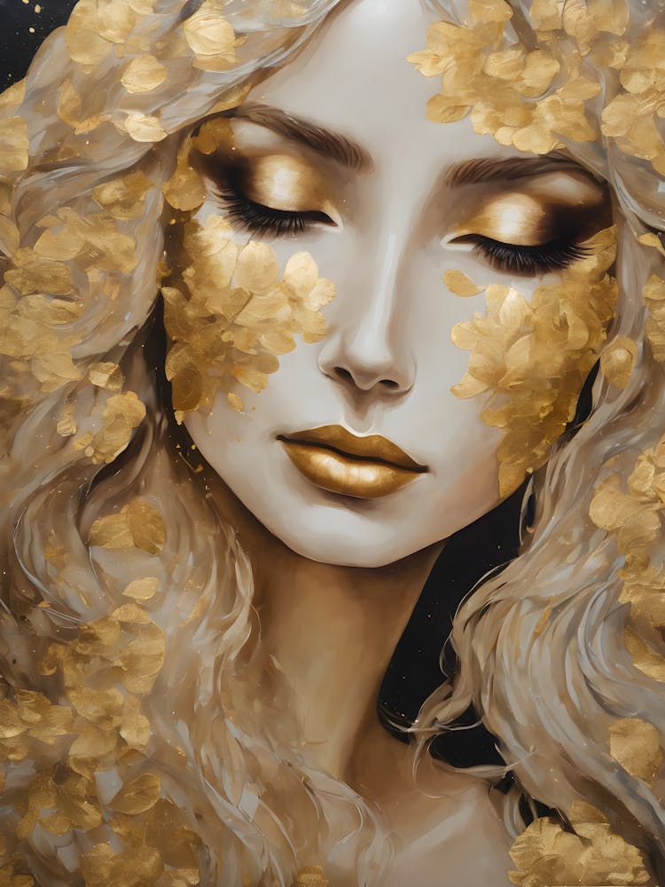 In the Style of Gustav Klimt - Beautiful Blonde Woman in Gold Leaf Wearing Back Showing Dress and Flowers, Similar to The Kiss, Tears, Portrait of Adele Bloch, Judith, Fräulein Lieser and Famous Replica Artworks - Perfect For Aesthetic Luxury Gallery Wall